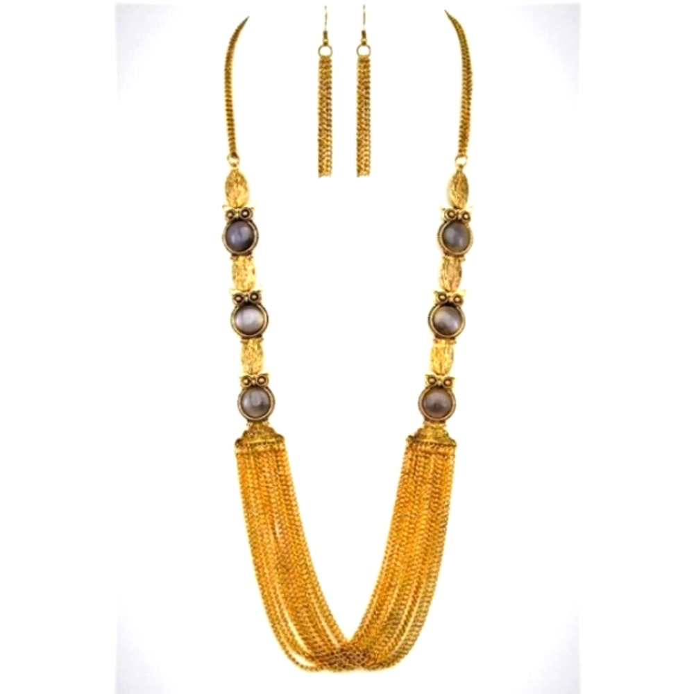 Frosted Glass Owl Multi Chain Long Statement Necklace Set